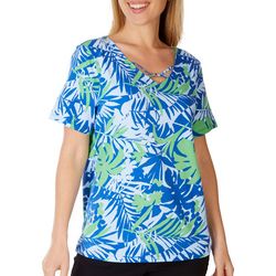 Coral Bay Womens Leaf Beaded Crisscross Short Sleeve Top