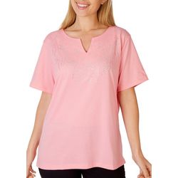 Coral Bay Womens Floral Embellished Short Sleeve Tee