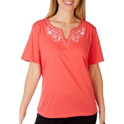 Coral Bay Womens Seashell Embellished Notched Neckline Tee