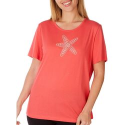 Womens Solid Jeweled Starfish Silhouette Short Sleeve Top