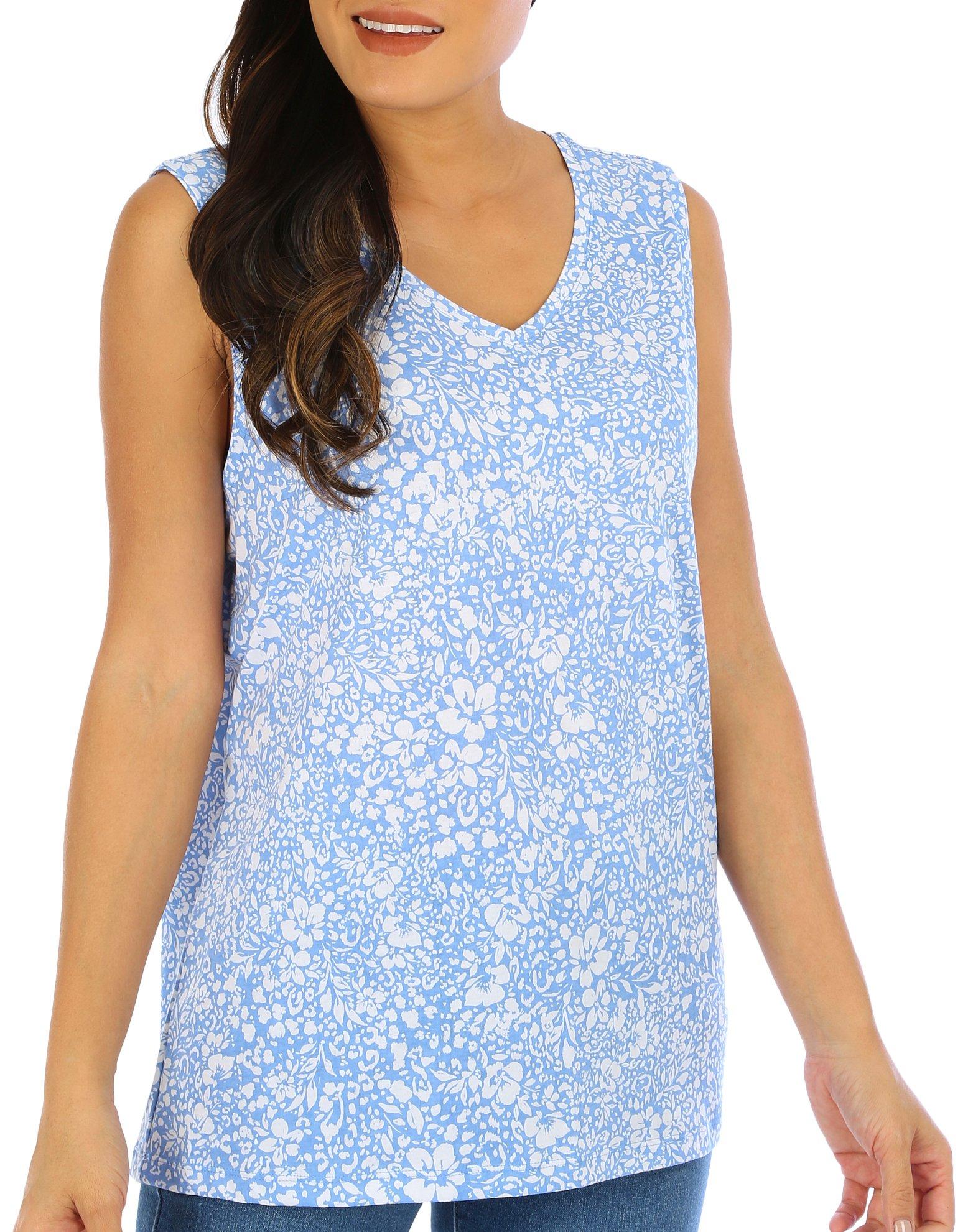 Womens Abstract Floral V-Neck Sleeveless Top
