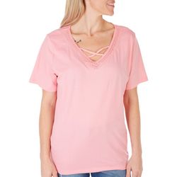 Coral Bay Womens Solid Crisscross V-Neck Short Sleeve Top
