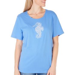 Coral Bay Womens Embroidered Seahorse Short Sleeve Top