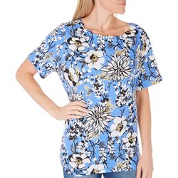 Coral Bay Womens Floral Print Scalloped Short Sleeve Top