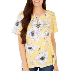 Coral Bay Womens Faux Button Keyhole Print Short Sleeve Top