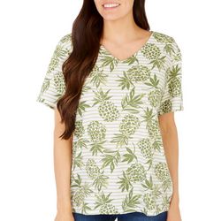 Coral Bay Womens Pineapple Stripe V-Neck Short Sleeve Top