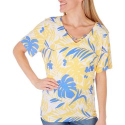 Coral Bay Womens Print Beaded Crisscross Short Sleeve Top