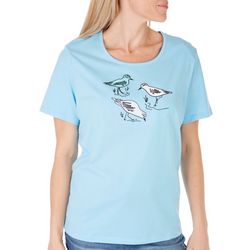 Womens Solid Embroidered Bird Short Sleeve Tee