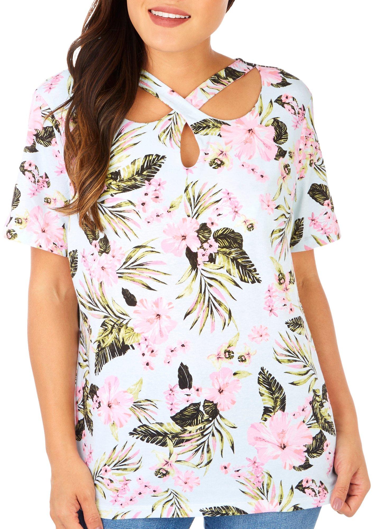Coral Bay Womens Hibiscus Triple Keyhole Short Sleeve Top