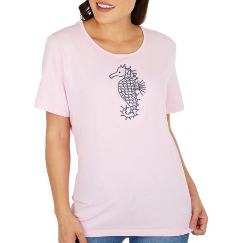 Coral Bay Womens Embellished Seahorse Short Sleeve Top