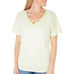 Coral Bay Womens Solid Lace V-Neck Short Sleeve Top