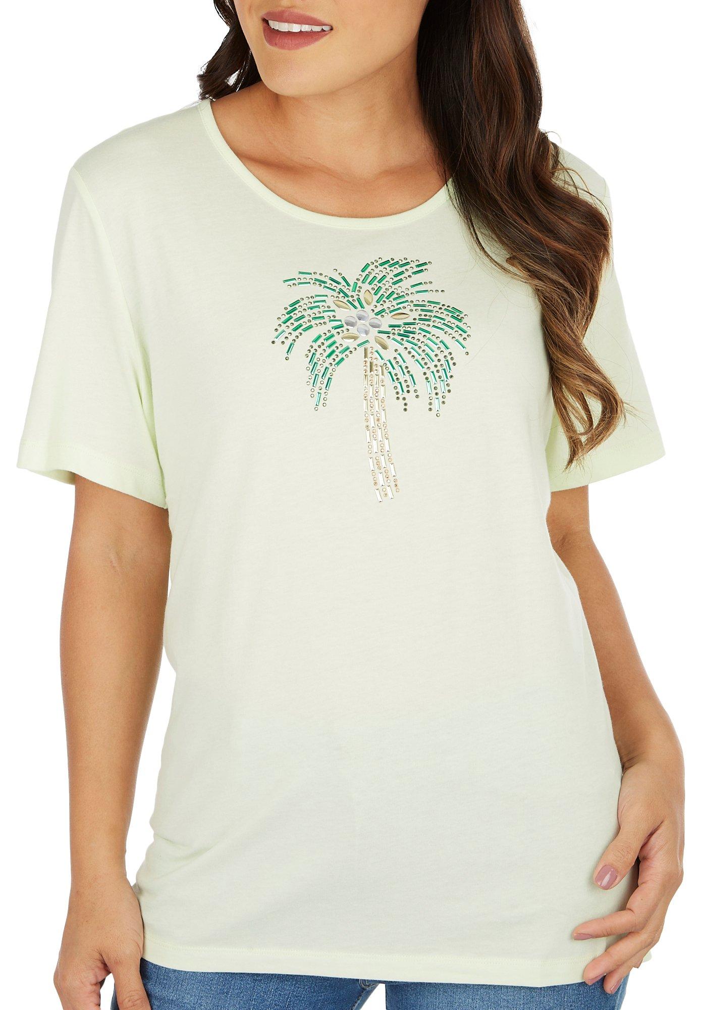 Coral Bay Womens Embellished Palms Short Sleeve Top