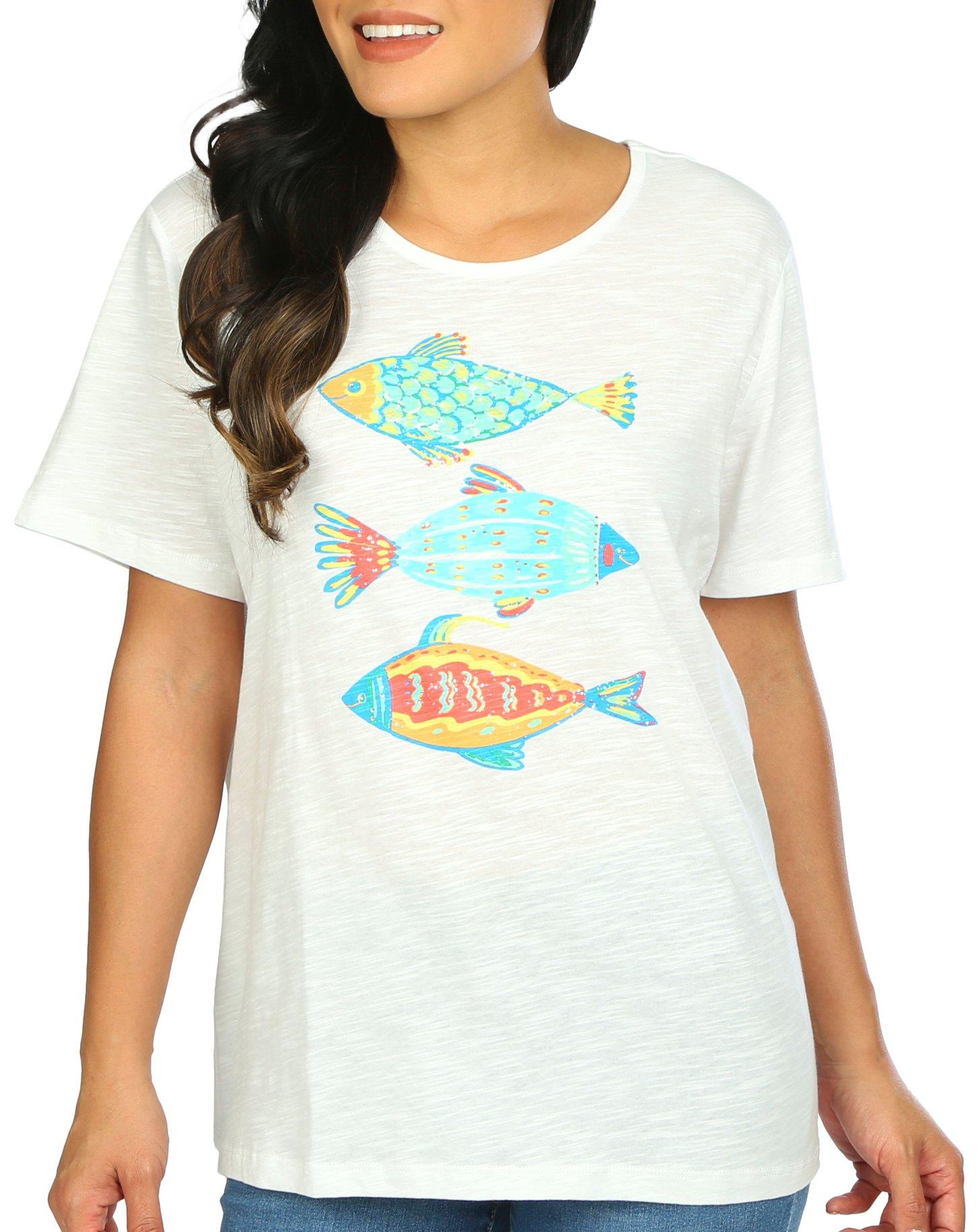Coral Bay Womens Embellished Fish Short Sleeve Top