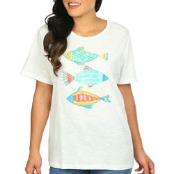 Coral Bay Womens Embellished Fish Short Sleeve Top