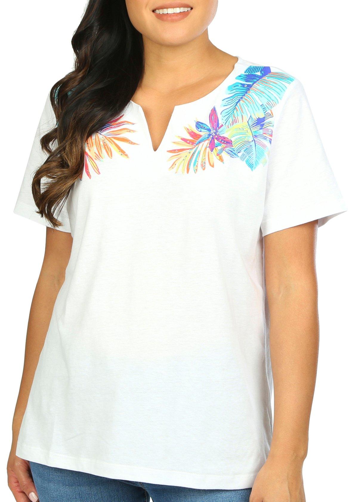Womens Tropical Embellished Notch Neck Short Sleeve Top