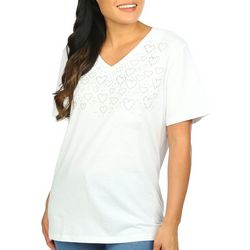 Coral Bay Womens Embellished Hearts Solid Short Sleeve Top