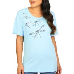 Coral Bay Womens Embellished Dragonflies Short Sleeve Top