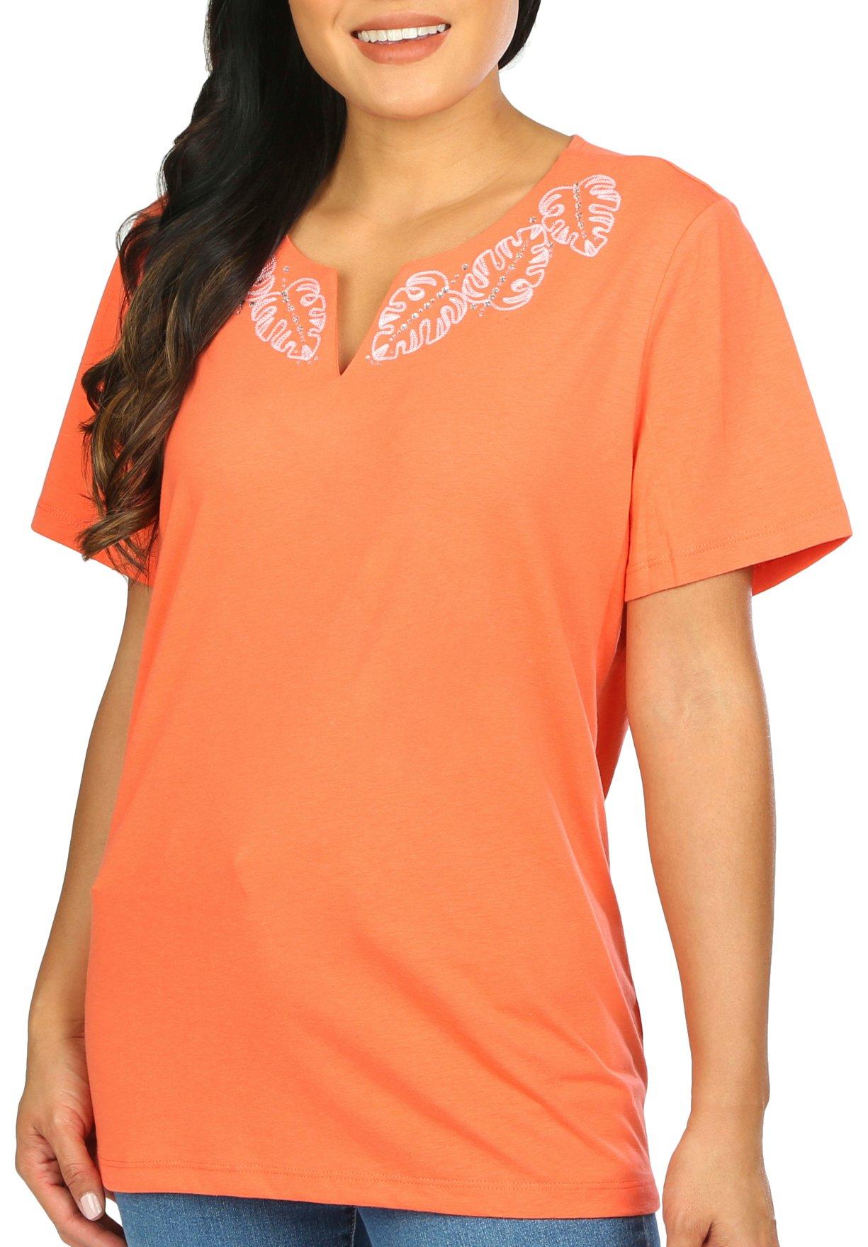 Coral Bay Womens Short Sleeve Split Embrodered Frond Tee