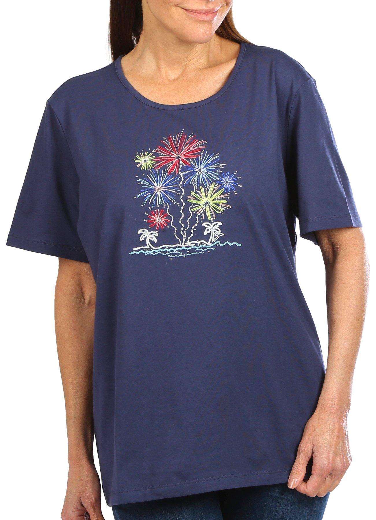 Coral Bay Womens Americana Fireworks Jewel Short Sleeve Top