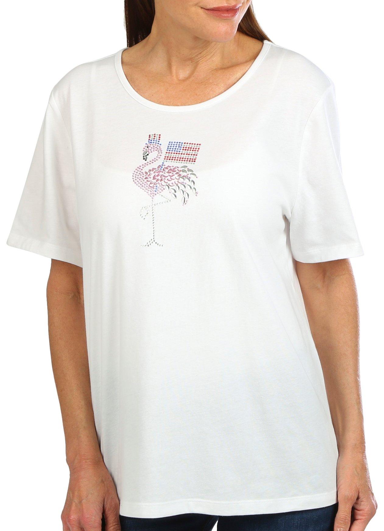 Coral Bay Womens Americana Jewel Flamingo Short Sleeve Top