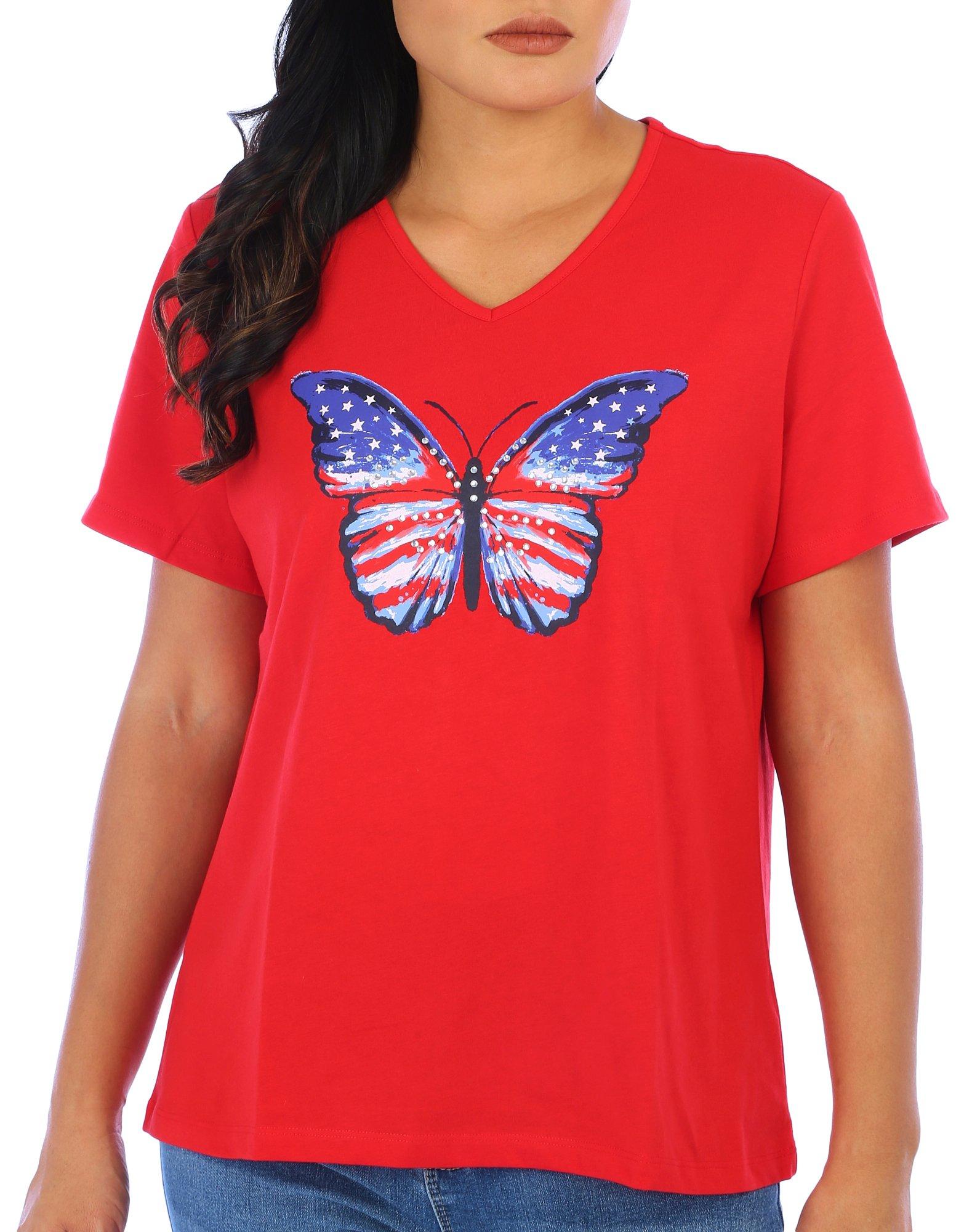 Coral Bay Womens Americana Jewel Butterfly Short Sleeve Top