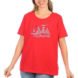 Coral Bay Womens Americana Sailboats Short Sleeve Top