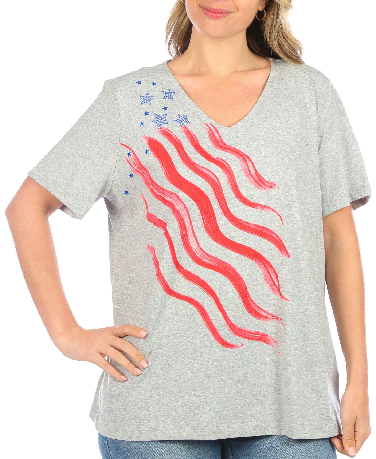 Coral Bay Womens Americana Flag Waves Short Sleeve Top