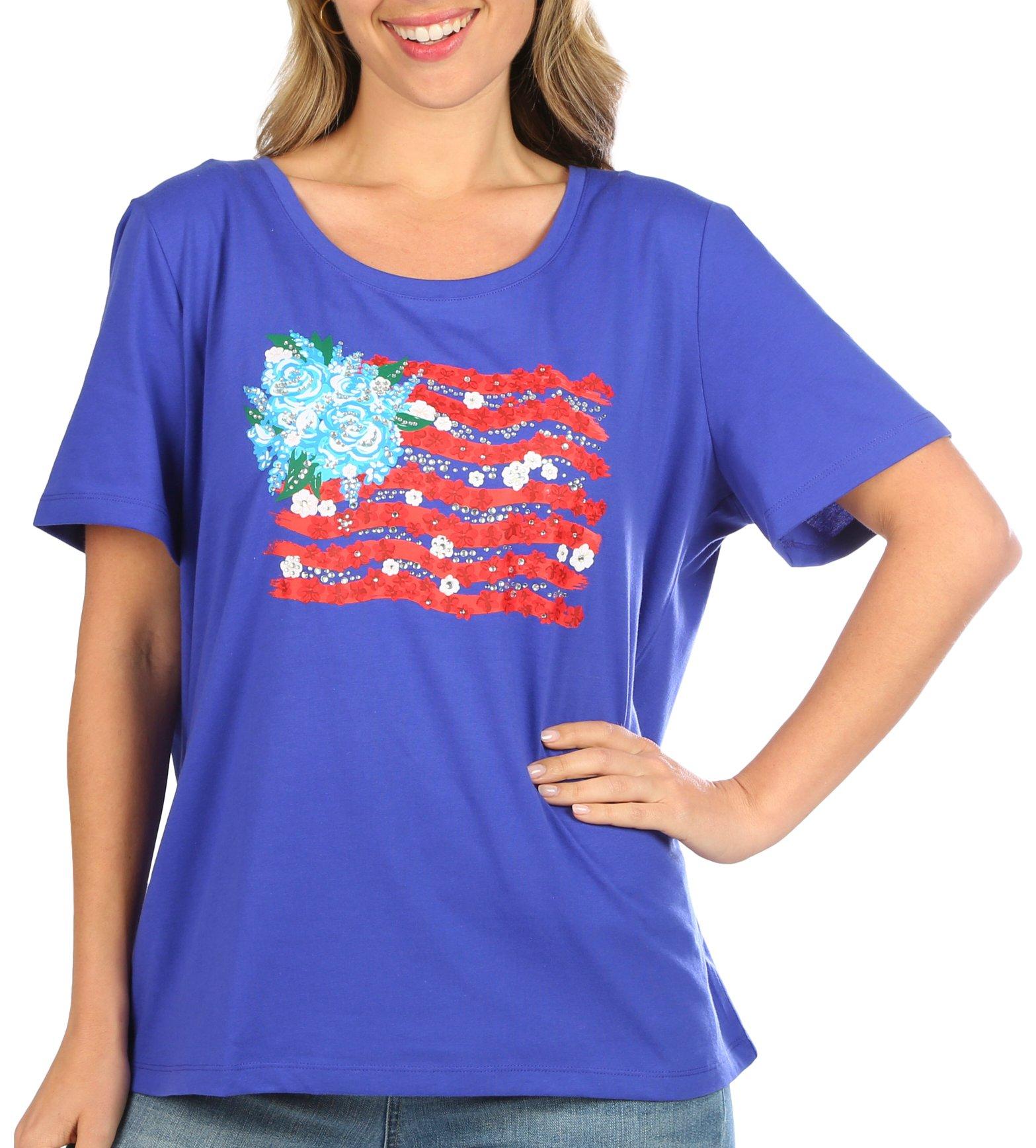 Coral Bay Womens Americana Jeweled Flag Short Sleeve Top
