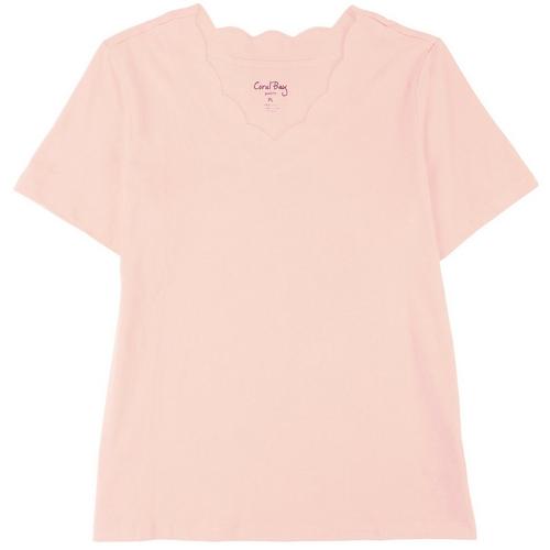 Coral Bay Womens Solid Scalloped V-Neck Short Sleeve