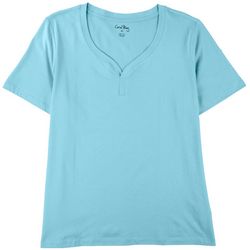 Coral Bay Womens Solid Y-Neck Henley Short Sleeve Top