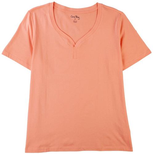 Coral Bay Womens Solid Y-Neck Henley Short Sleeve