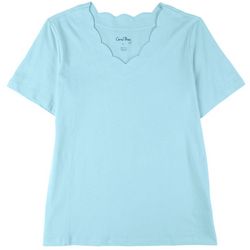 Coral Bay Womens Solid Scalloped V-Neck Short Sleeve Top