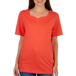 Coral Bay Womens Solid V-Neck Scoop Short Sleeve Top