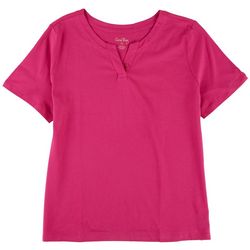 Coral Bay Womens Solid Button Accent Split Neck  Top