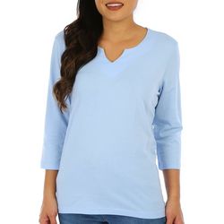 Coral Bay Womens Solid Split Neck 3/4 Sleeve Top
