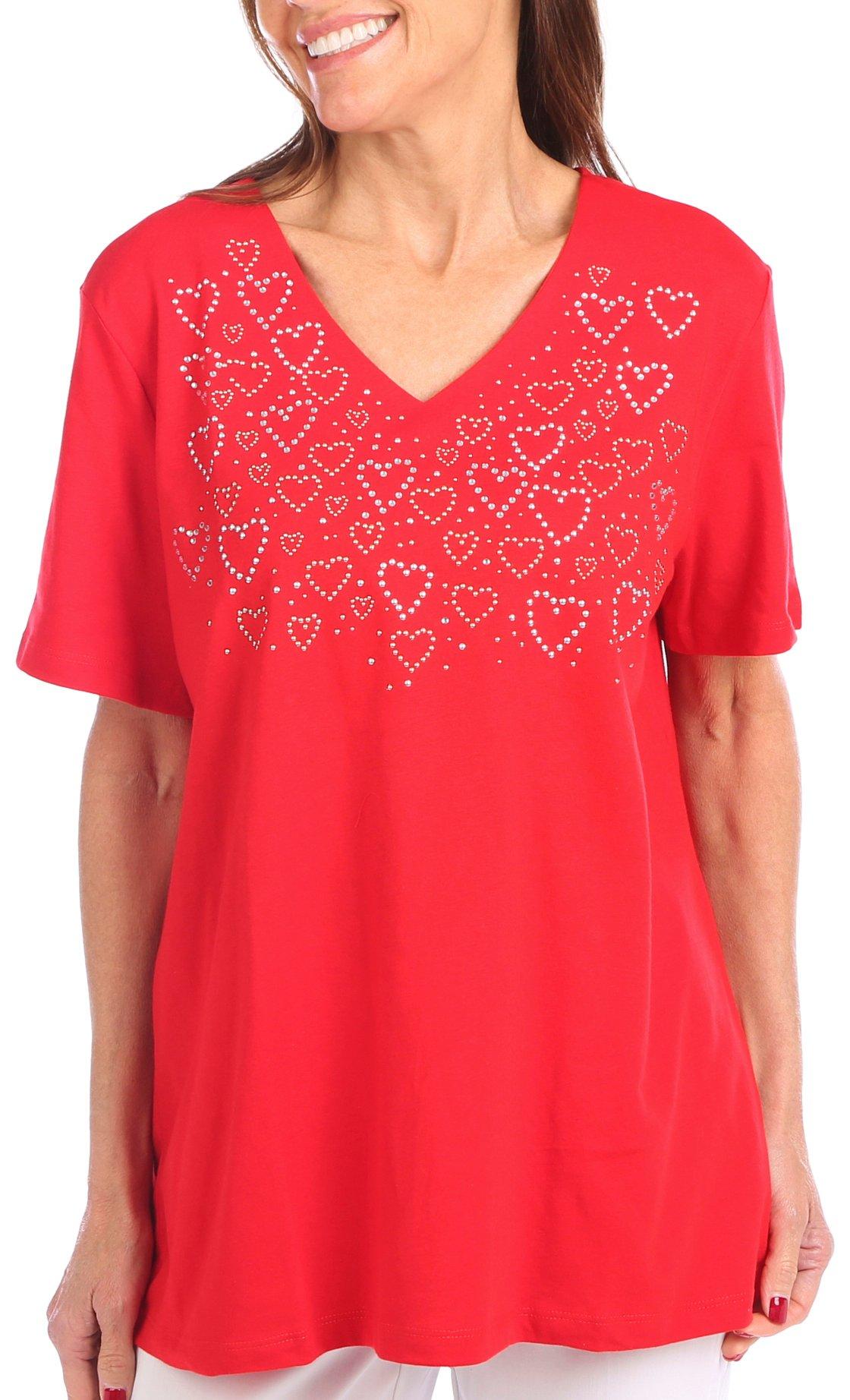 Coral Bay Womens Jewelled Hearts Short Sleeve Top