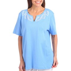 Coral Bay Womens Embellished Notch Neck Short Sleeve Top