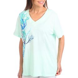 Coral Bay Womens Embellished Under Sea Short Sleeve Top