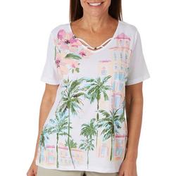 Womens Tropical Seaside Embellished Short Sleeve Top