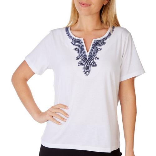 Coral Bay Womens Embroidered Notched Neckline Tee