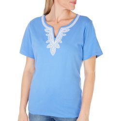 Coral Bay Womens Embroidered Split Neck Short Sleeve Top