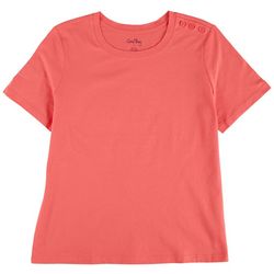 Coral Bay Womens Solid Button Shoulder Short Sleeve Top