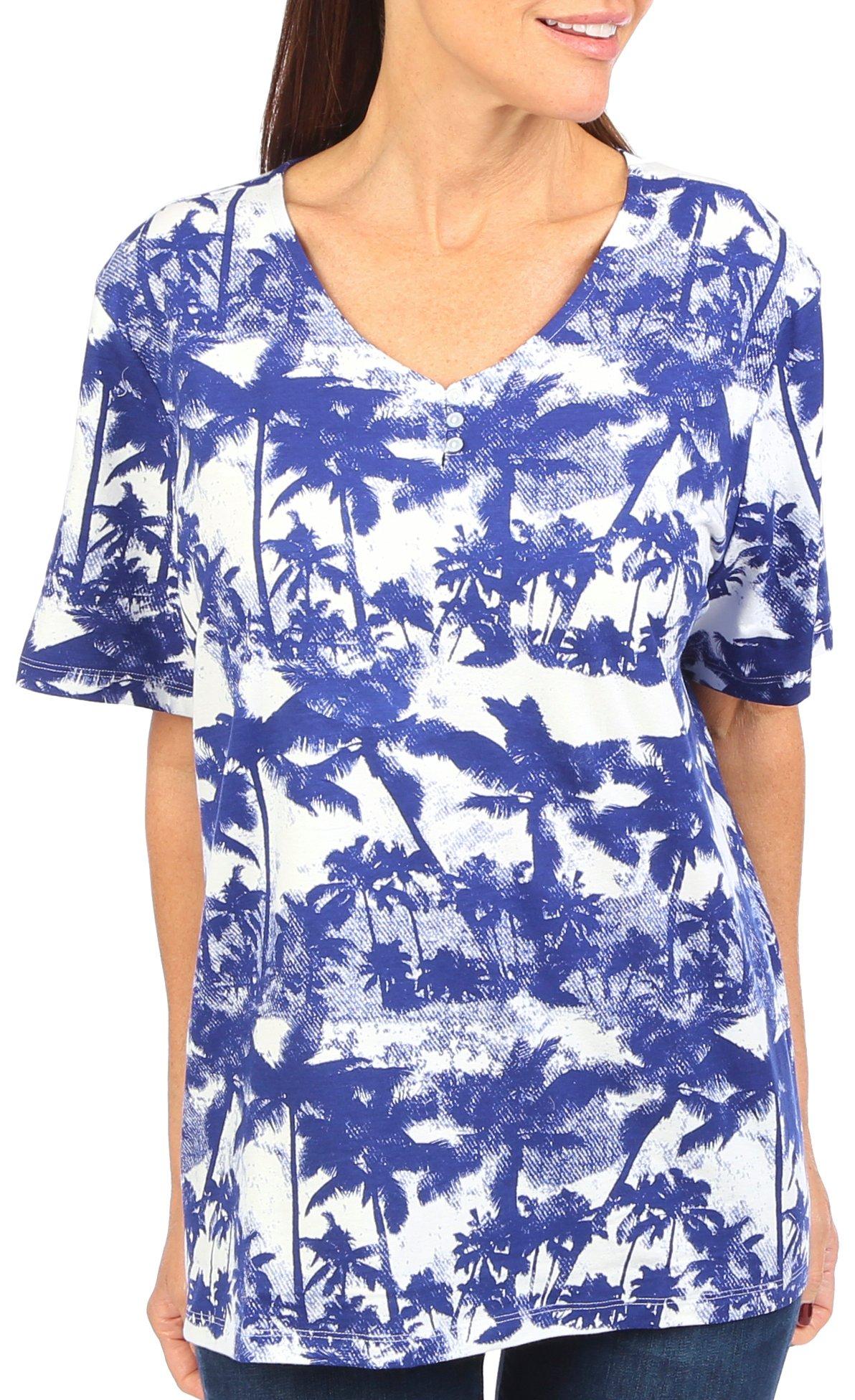 Coral Bay Womens Palm Print Henley Short Sleeve Top