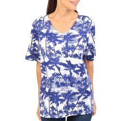 Coral Bay Womens Palm Print Henley Short Sleeve Top