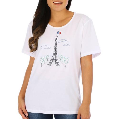 Coral Bay Womens Embroidered Eiffel Tower Short Sleeve