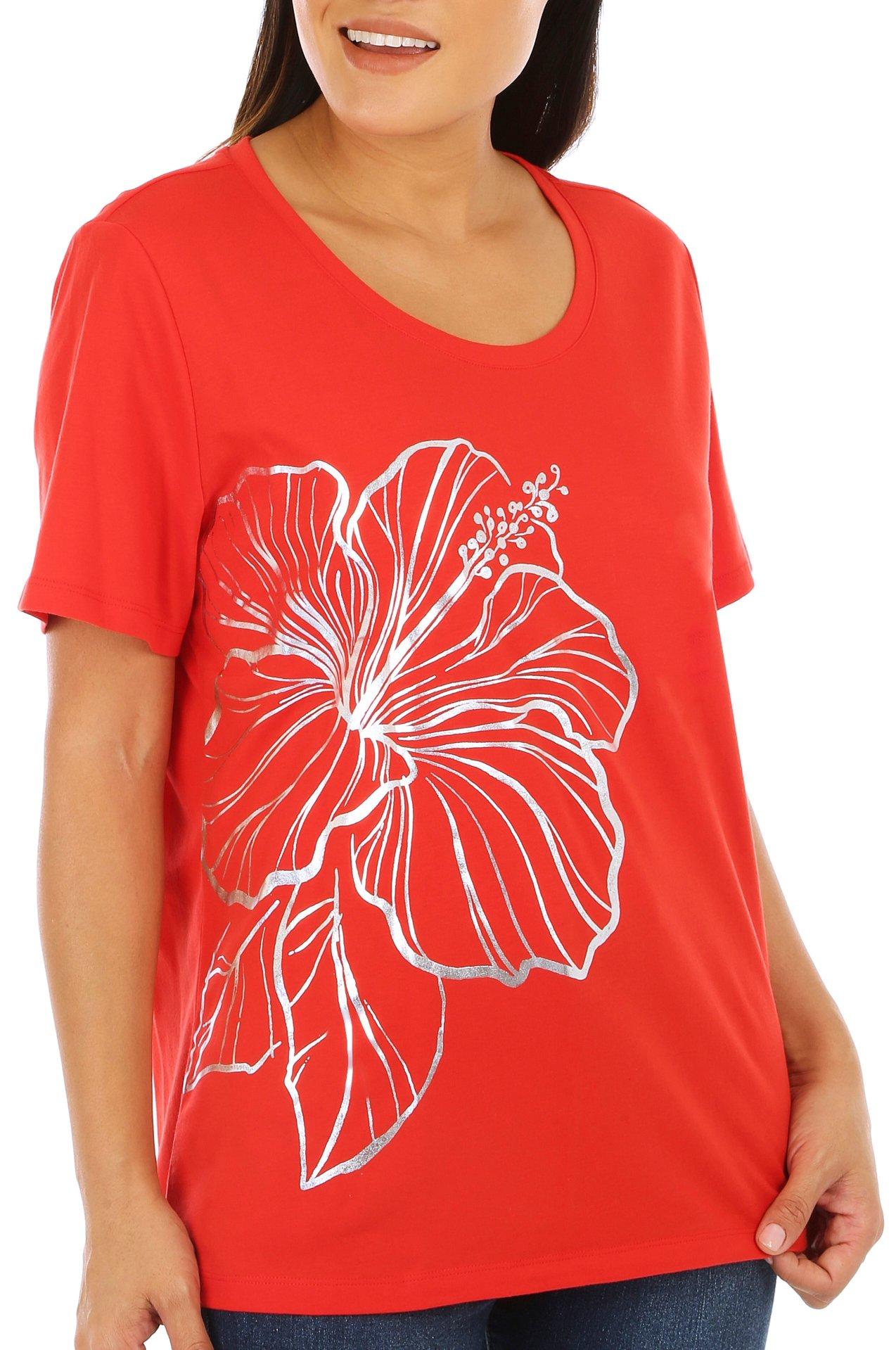 Womens Embellished Hibiscus Short Sleeve Top