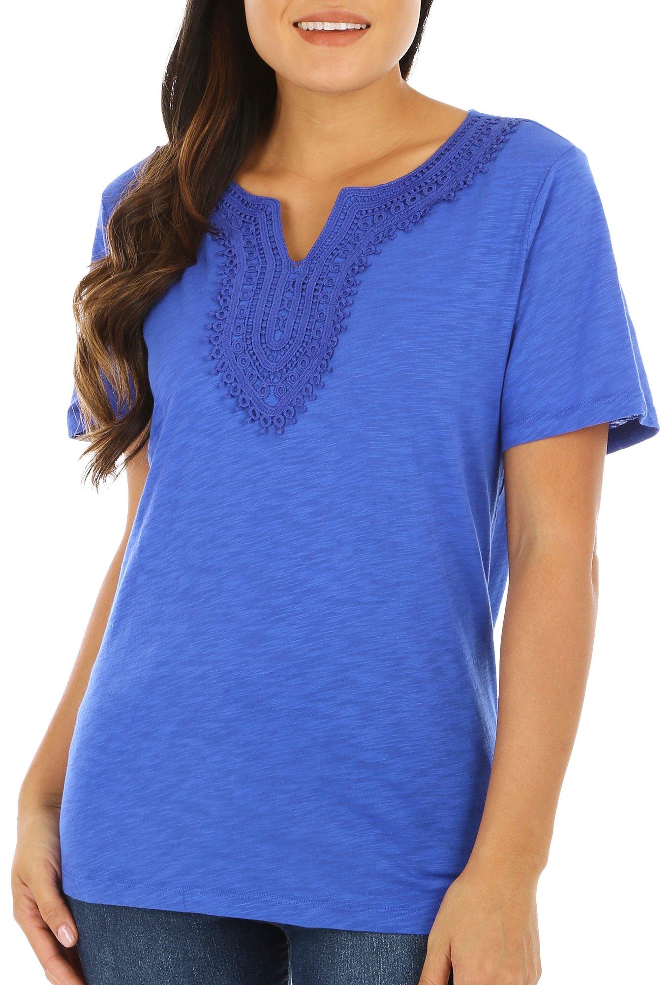 Coral Bay Womens Embroidery Notched Neckline Tee