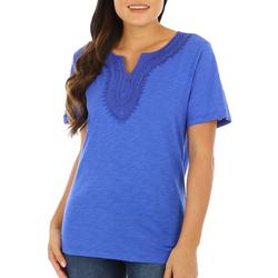 Womens Embroidery Notched Neckline Tee