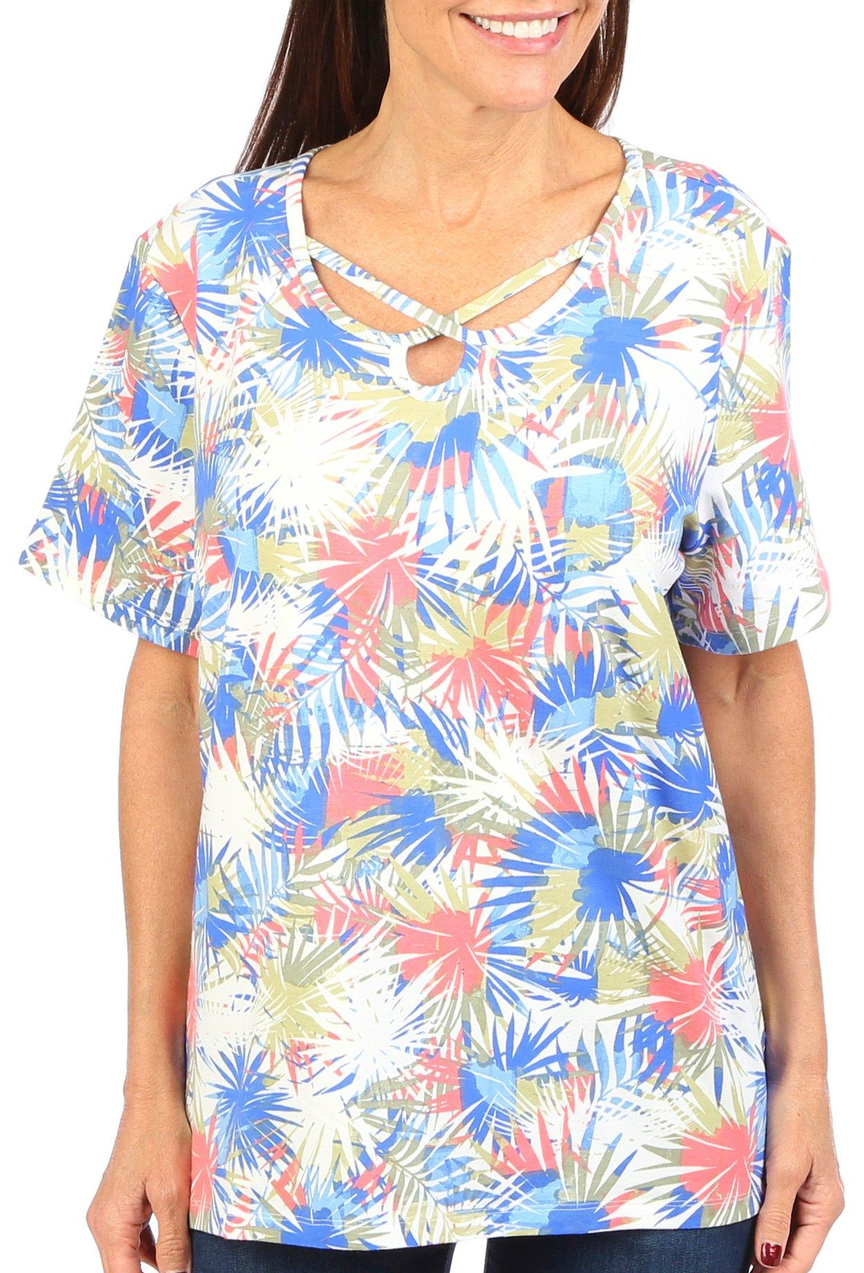 Coral Bay Womens Fronds Triple Keyhole Short Sleeve