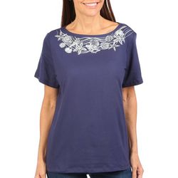 Coral Bay Womens Tropical Embellished Short Sleeve Tee
